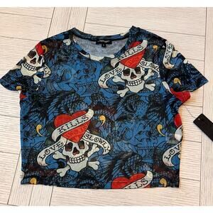 Ed Hardy blue & black sheer‎ poly, spandex crop tattoo top. Love Kills Slowly.
